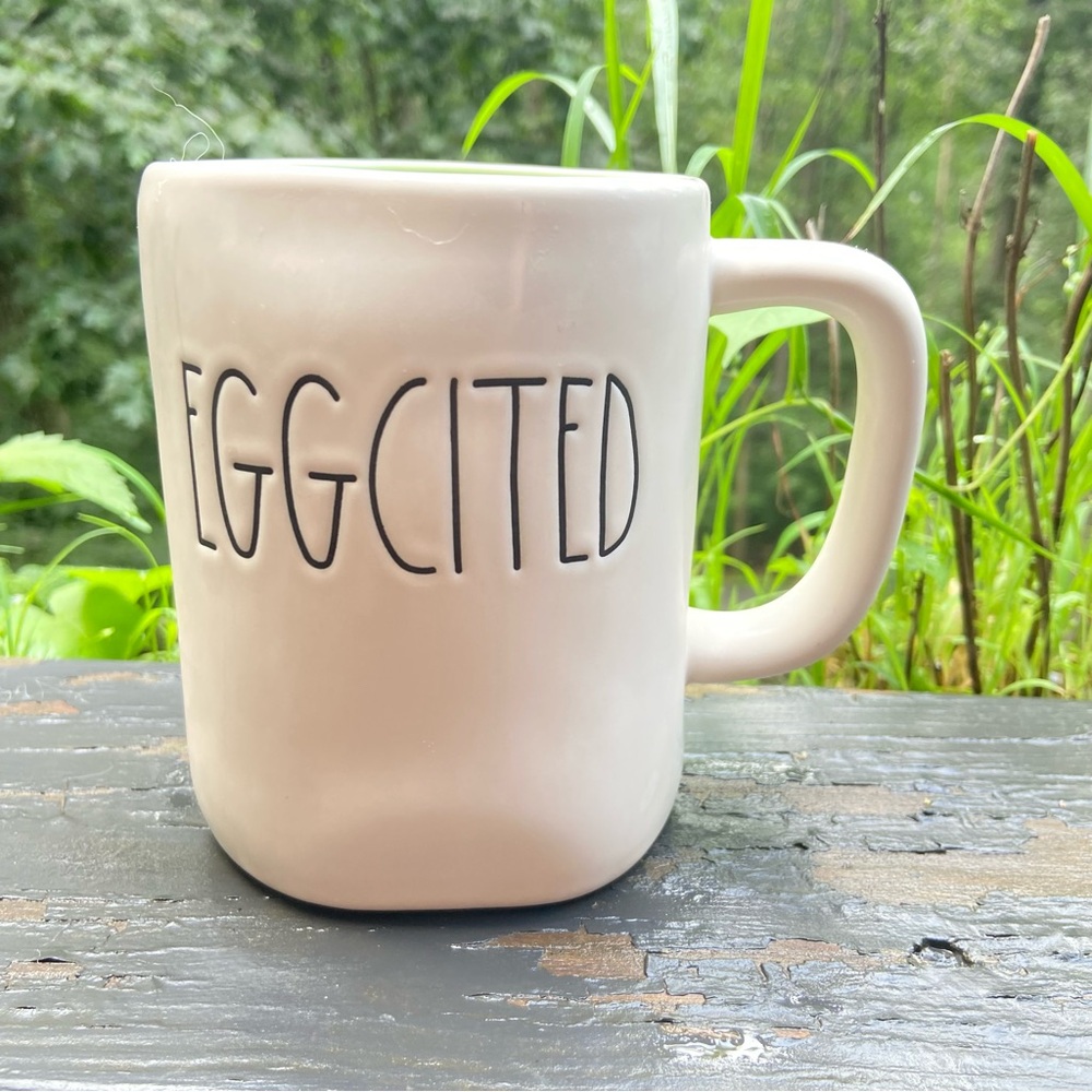 RAE DUNN Cream Ceramic Mug with 'EGGCITED' Text